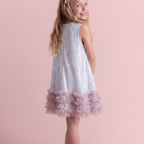 Periwinkle blue sequin party dress, back view with the concealed zip