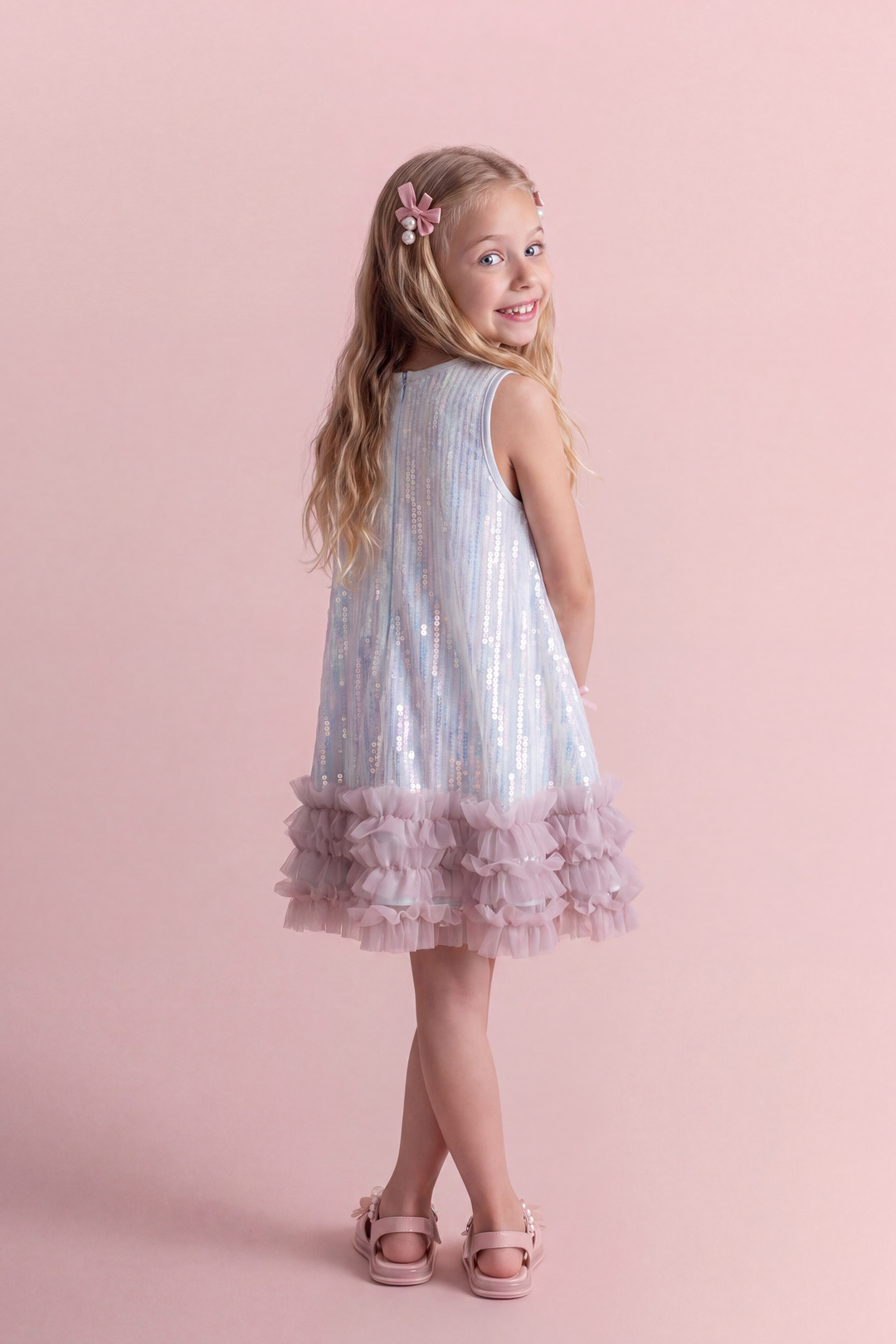 Periwinkle blue sequin party dress, back view with the concealed zip