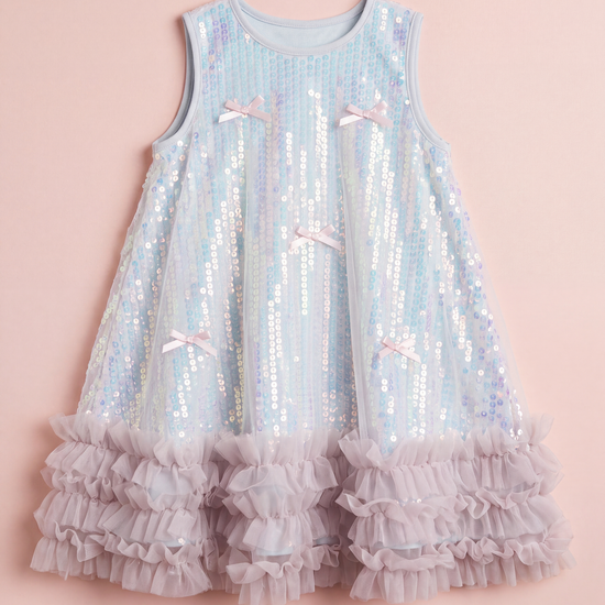 Periwinkle blue sequin party dress laid flat, showing the sequin rows, bows and ruffle hem