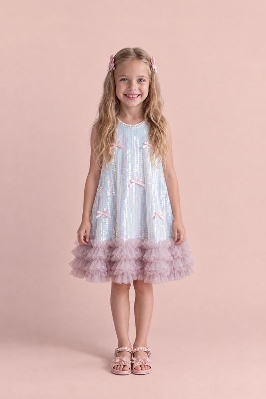 Periwinkle Blue Sequin Party Dress, front view on a girl, iridescent sequin swing dress with pink bows, a pearl trimmed lace neckline and a pink ruffle hem
