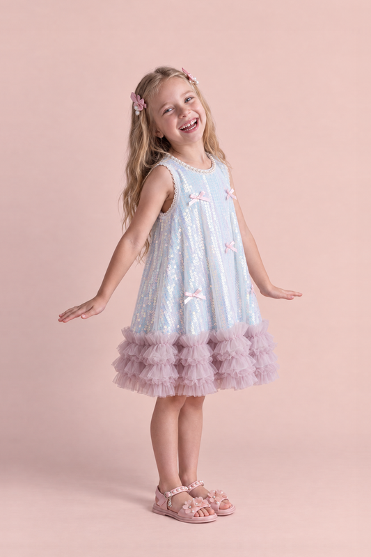 Periwinkle Blue Sequin Party Dress, three quarter view showing the swing shape and ruffle hem
