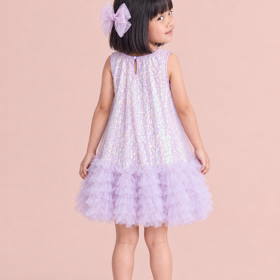 Periwinkle Lavender Sequin Party Dress, back view with the keyhole and button at the neck