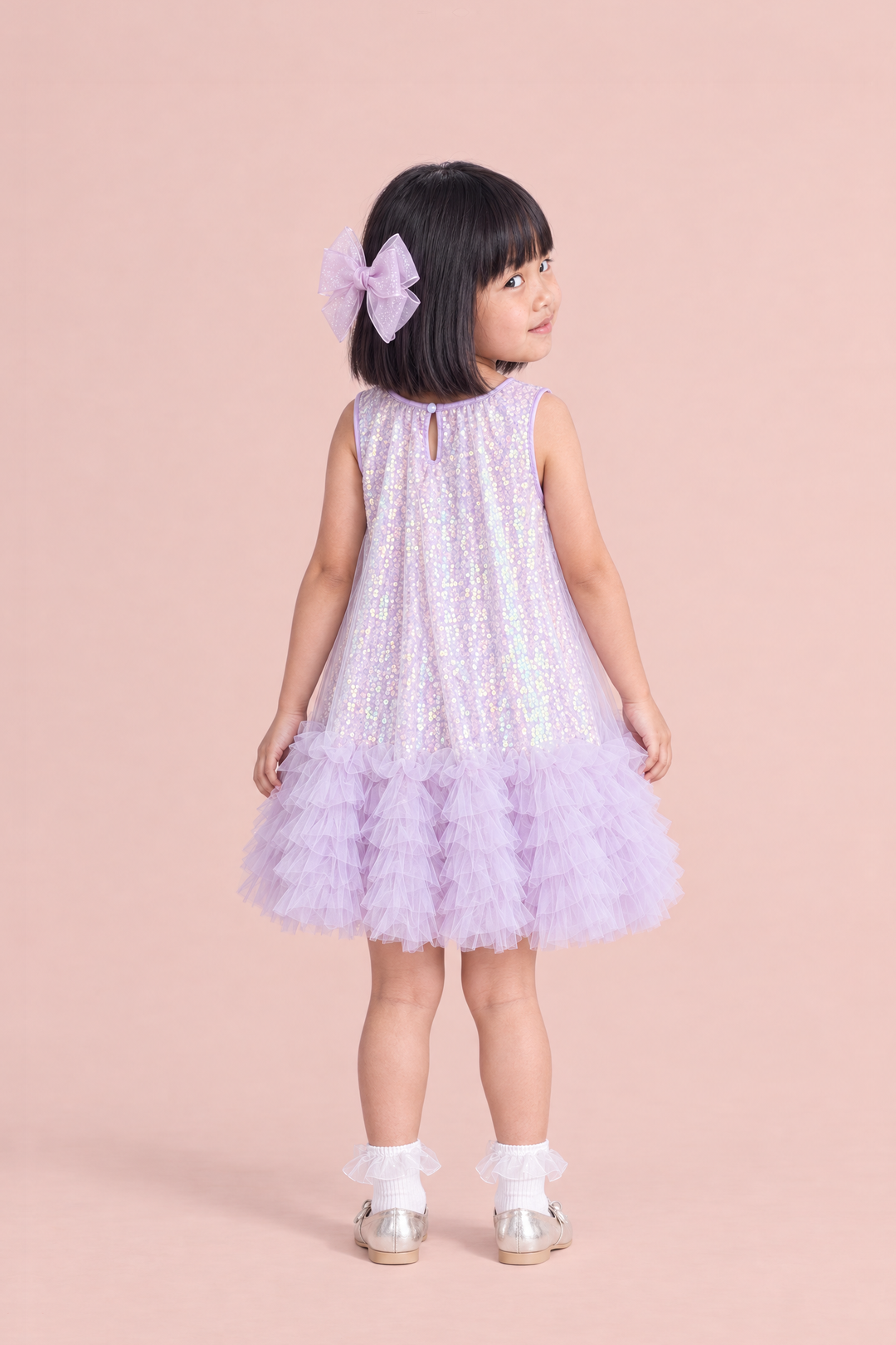 Periwinkle Lavender Sequin Party Dress, back view with the keyhole and button at the neck