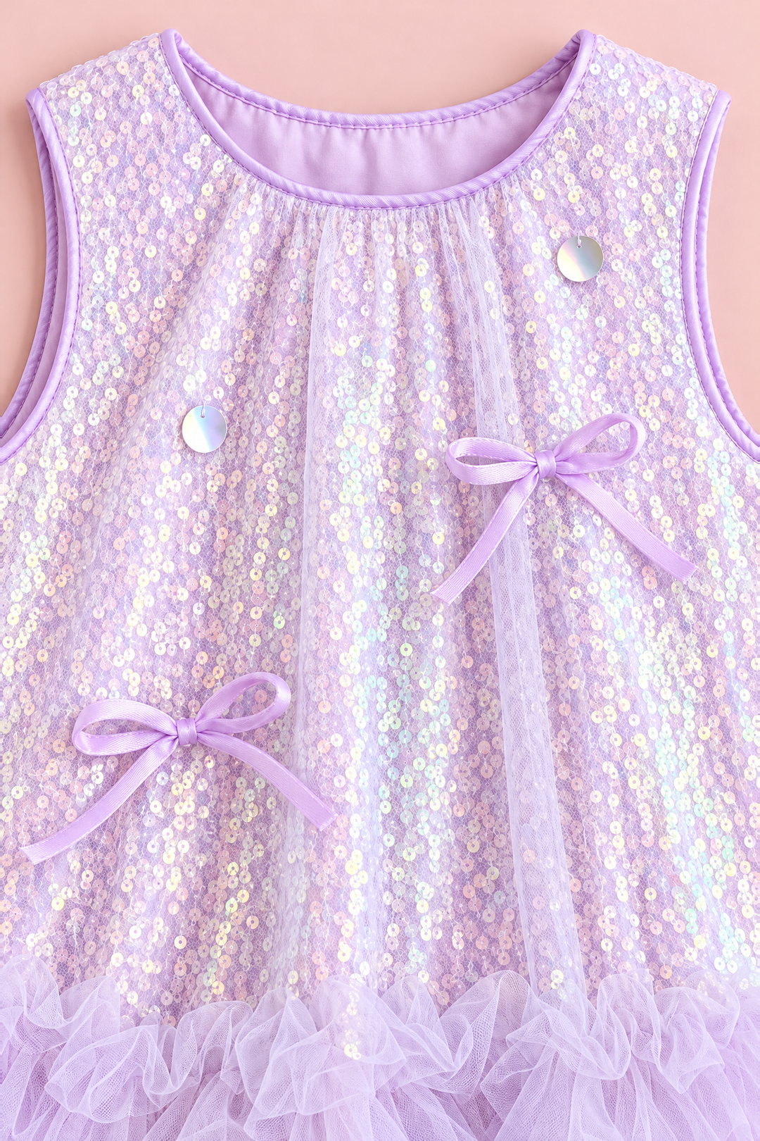 Close up of the lavender iridescent sequins, satin bows and satin neck piping