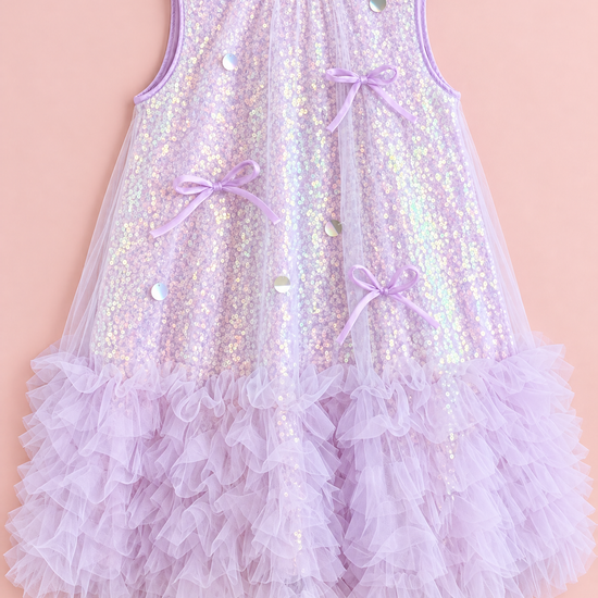 Periwinkle Lavender Sequin Party Dress laid flat, front view