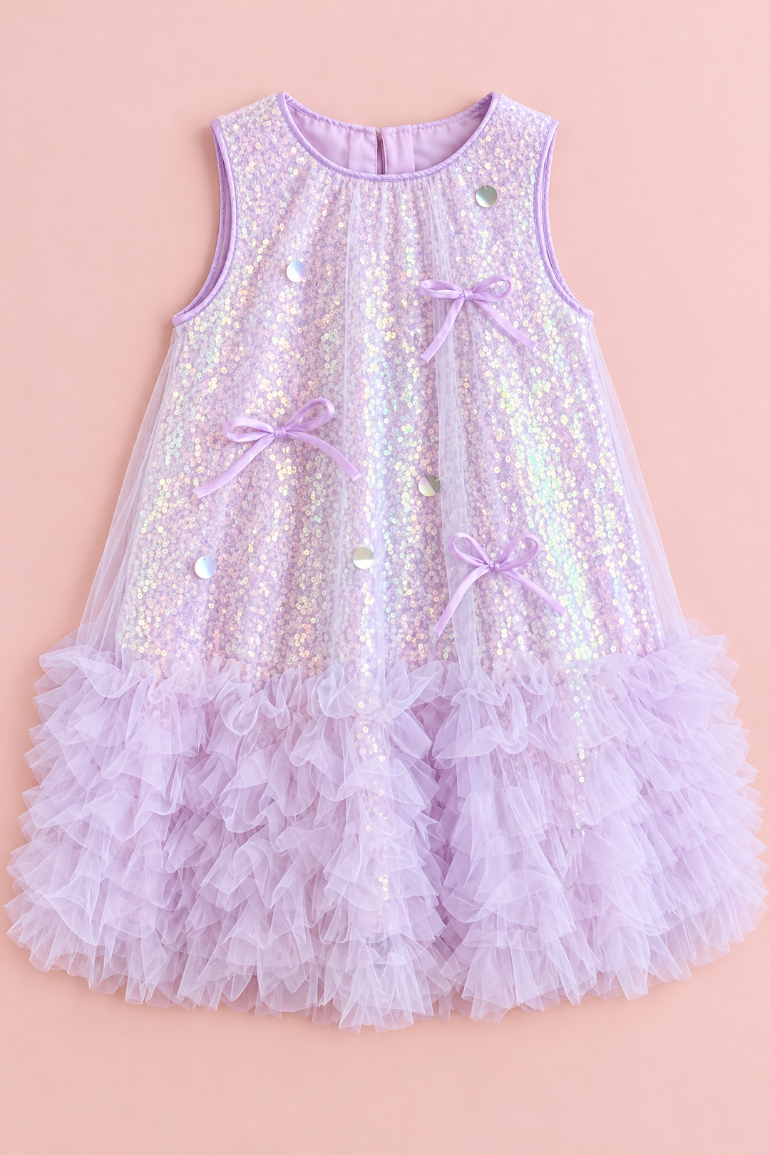 Periwinkle Lavender Sequin Party Dress laid flat, front view
