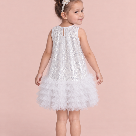 Periwinkle Silver Sequin Party Dress, back view with the keyhole and button at the neck