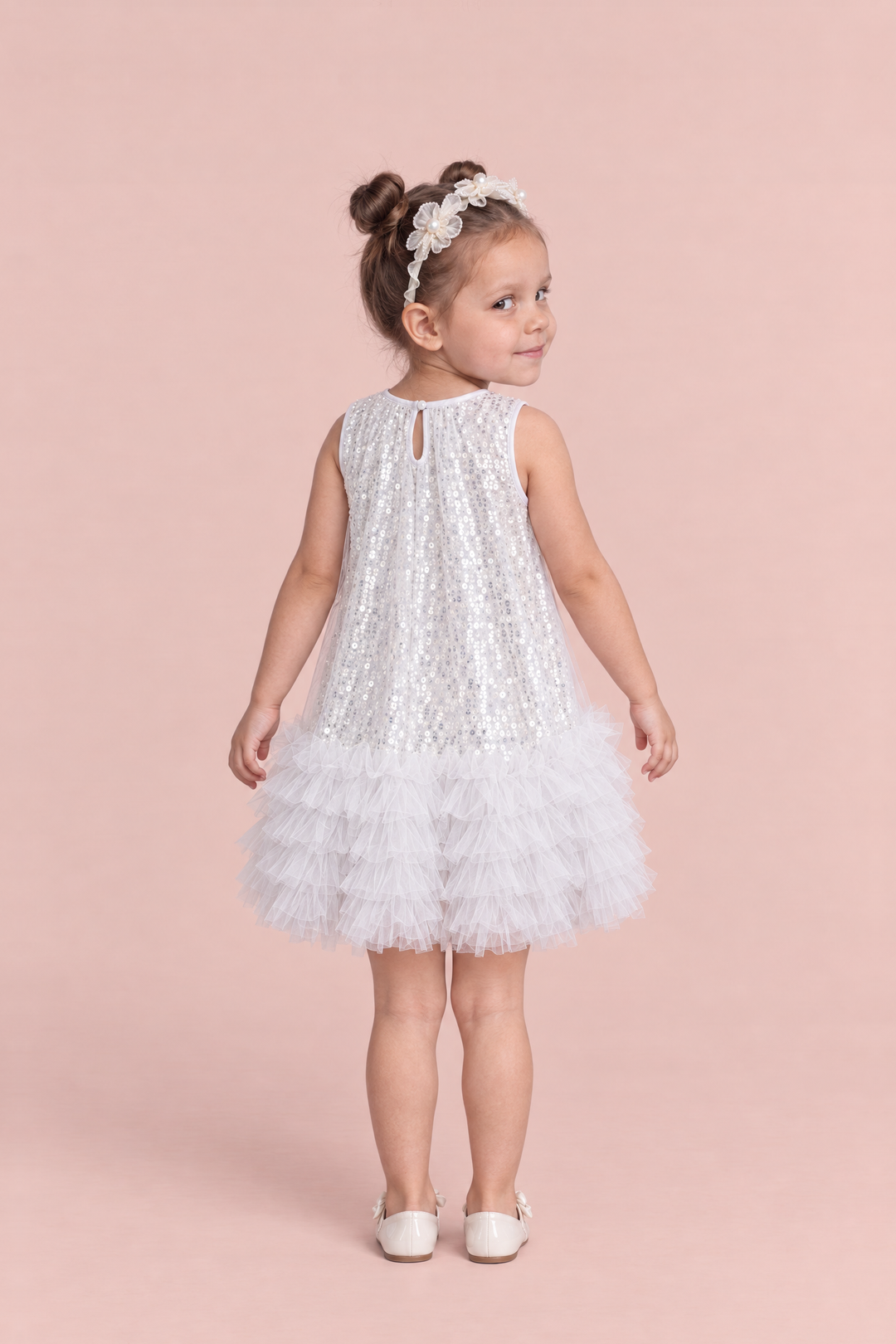 Periwinkle Silver Sequin Party Dress, back view with the keyhole and button at the neck