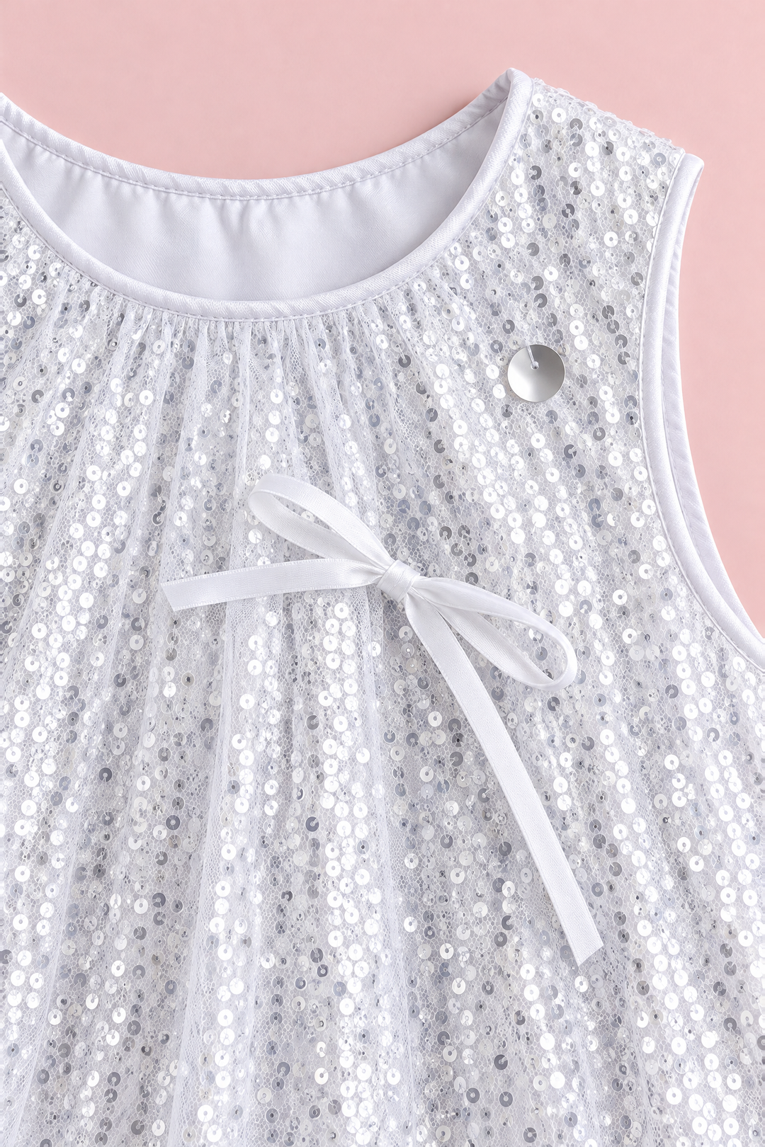 Close up of the silver sequins, a long tailed satin bow and the satin neck piping