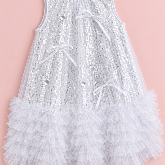 Periwinkle Silver Sequin Party Dress laid flat, front view