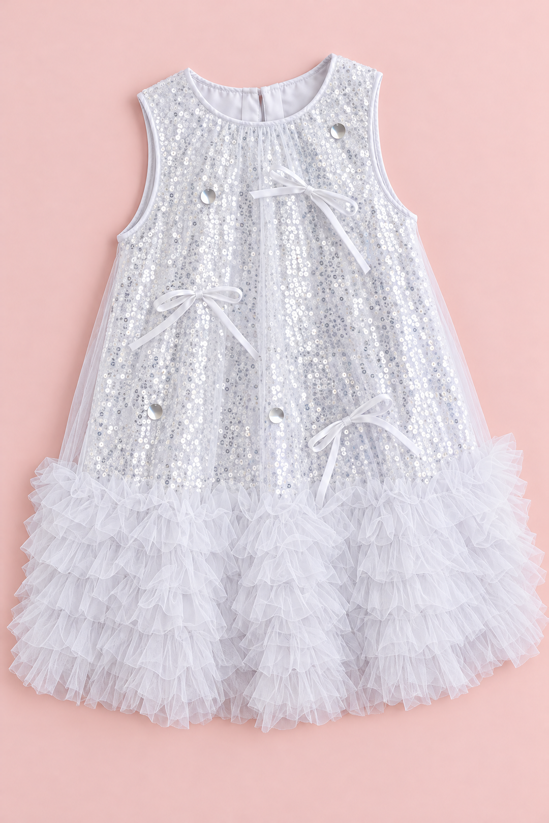 Periwinkle Silver Sequin Party Dress laid flat, front view