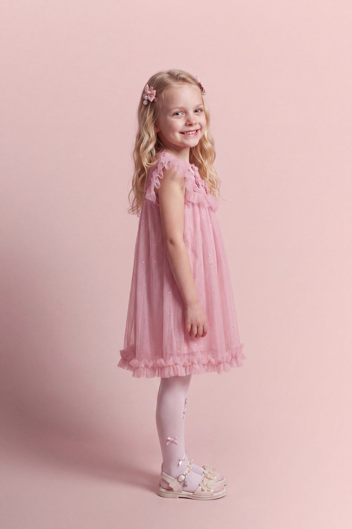 Side view of the Primrose pink dress showing the flutter sleeve and knee length hem