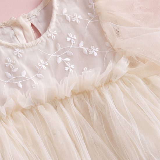 Close up of the Snowdrop dress yoke, white thread embroidery, corded neck edge and frilled seam