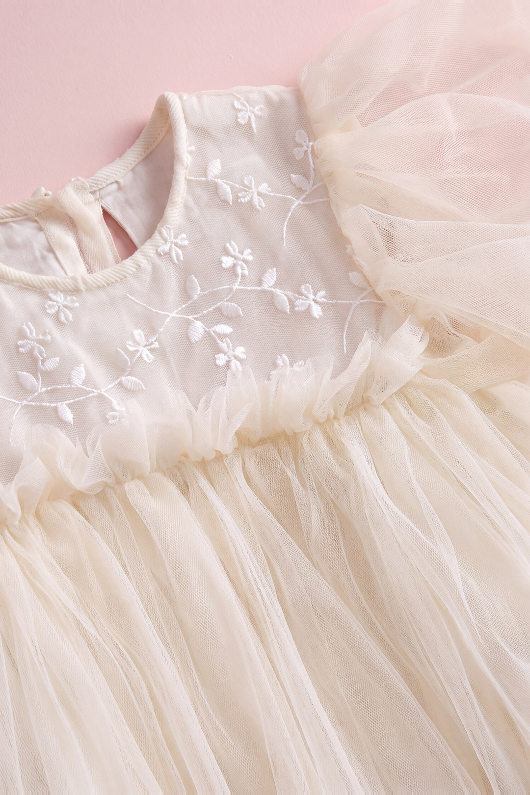 Close up of the Snowdrop dress yoke, white thread embroidery, corded neck edge and frilled seam