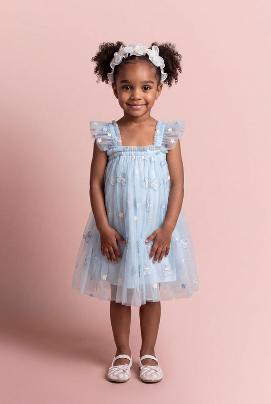 Sorbet blue butterfly tulle dress front