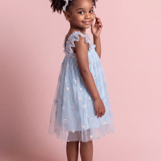 Sorbet blue butterfly tulle dress three quarter