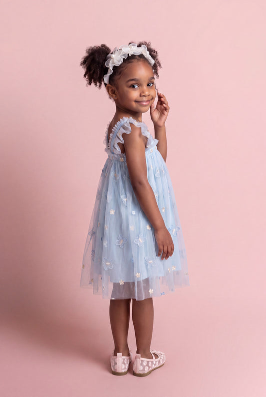 Sorbet blue butterfly tulle dress three quarter