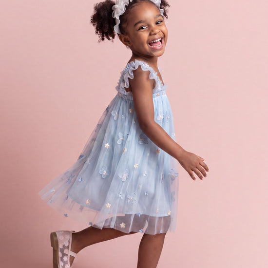 Sorbet blue butterfly tulle dress side