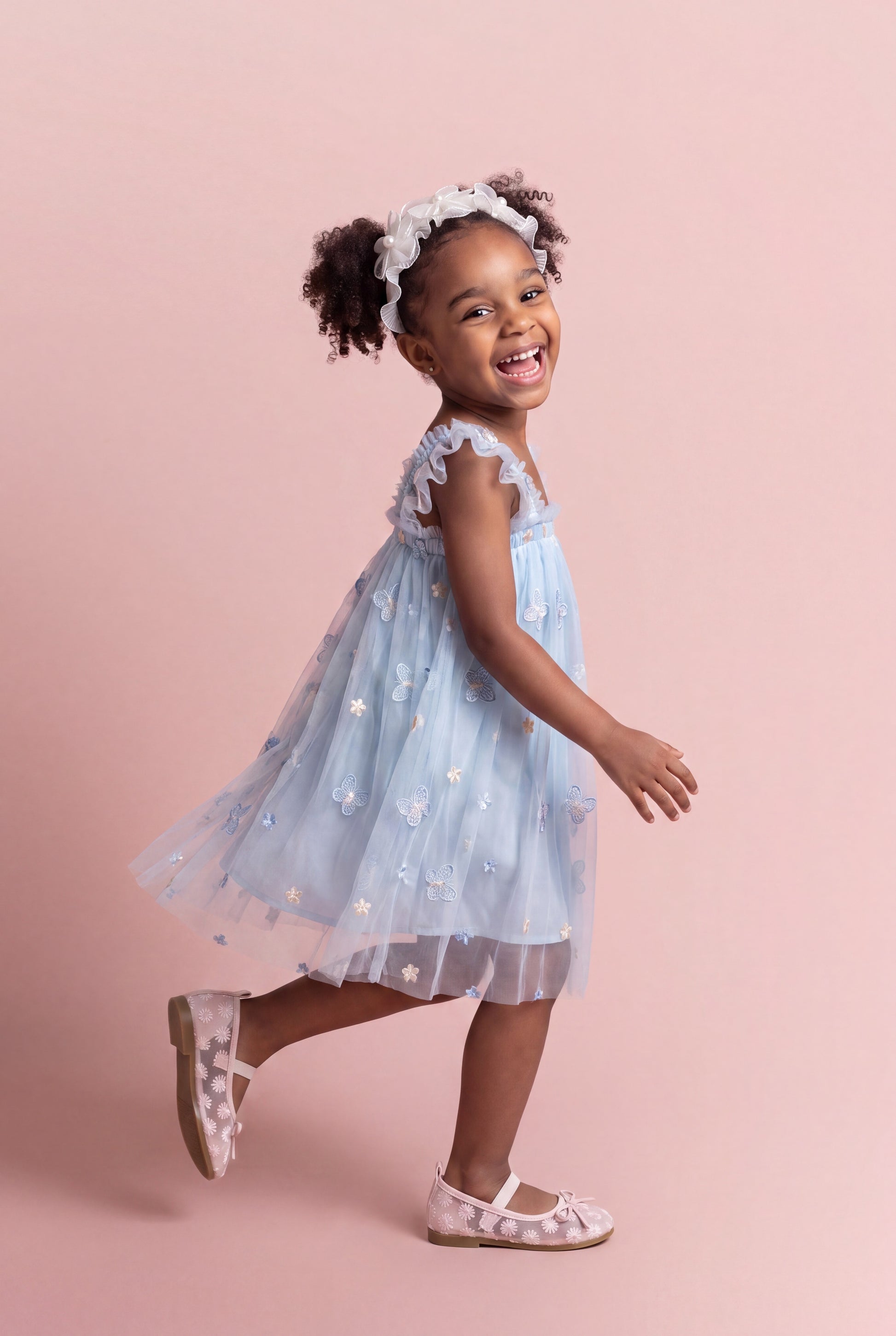 Sorbet blue butterfly tulle dress side