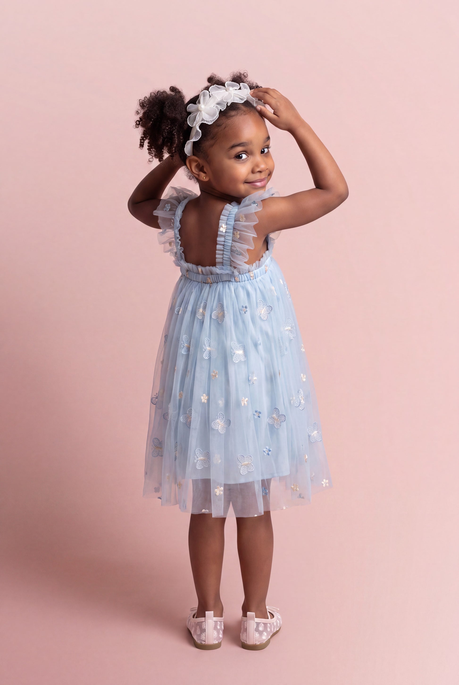 Sorbet blue butterfly tulle dress back