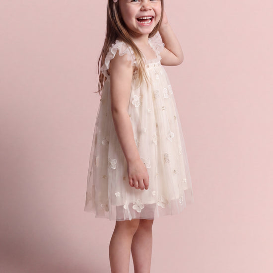 Sorbet ivory butterfly tulle dress three quarter