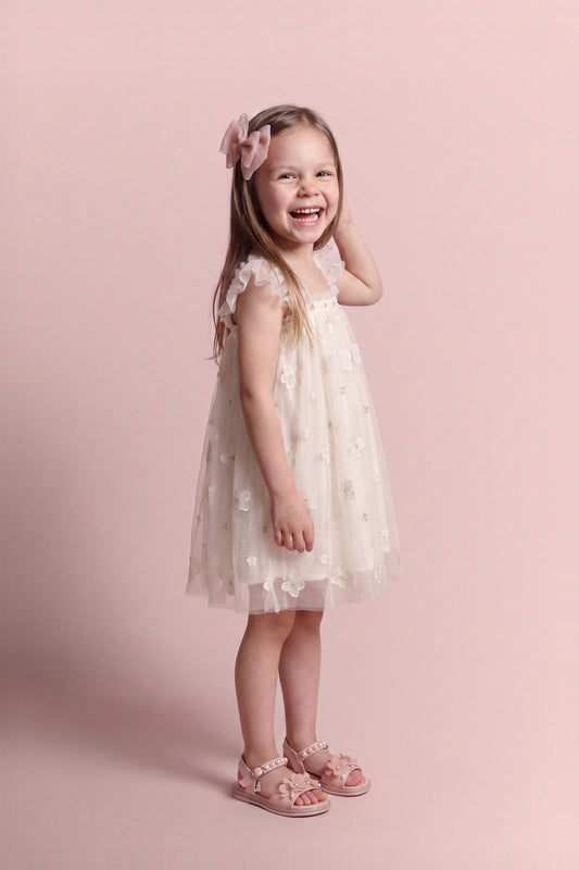 Sorbet Cream Butterfly Tulle Dress three quarter