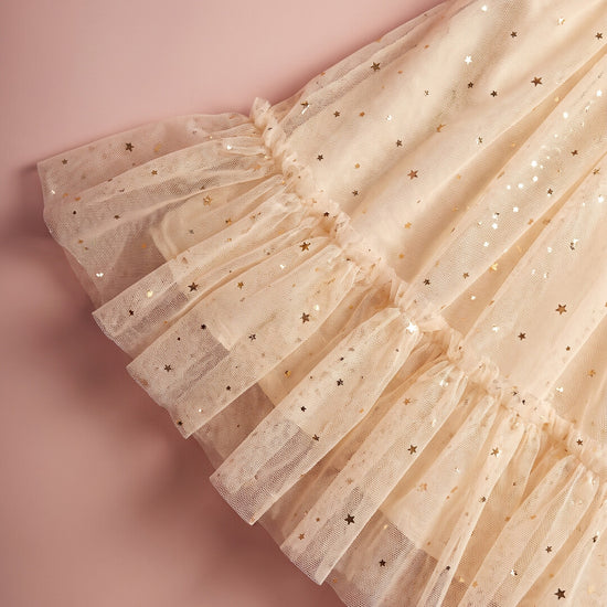 Starlight Dress fabric detail, gold star sequin tulle