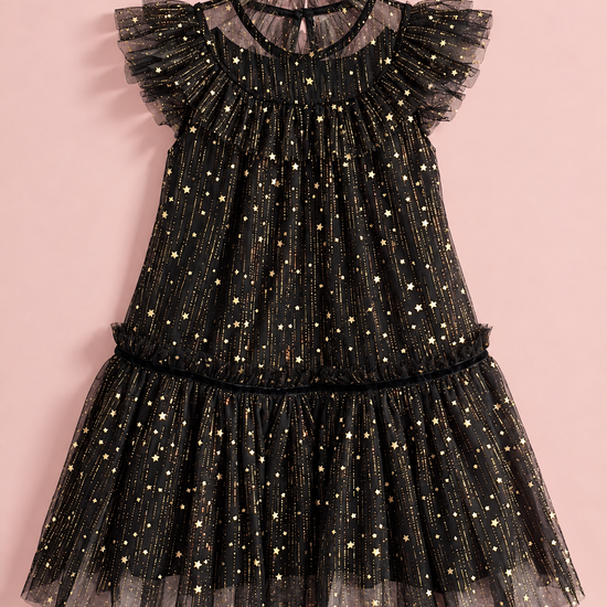 Stardust Black Star Tulle Party Dress laid flat, front view