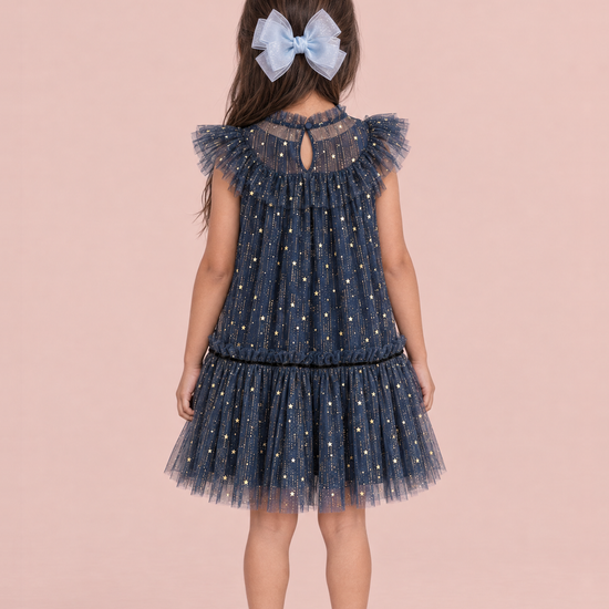 Stardust Navy Star Tulle Party Dress, back view with the keyhole and button at the neck and a pale blue bow clip