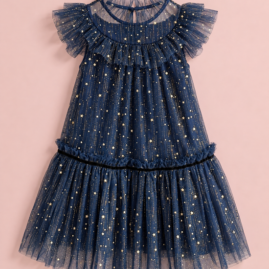 Stardust Navy Star Tulle Party Dress laid flat, front view