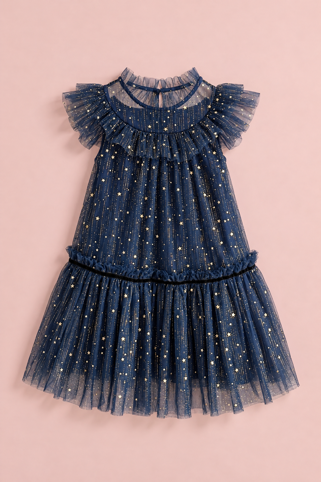 Stardust Navy Star Tulle Party Dress laid flat, front view