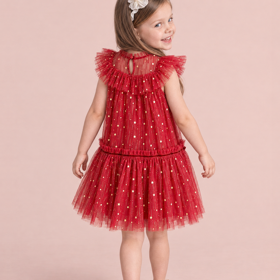 Stardust Red Star Tulle Party Dress, back view with the keyhole and button at the neck