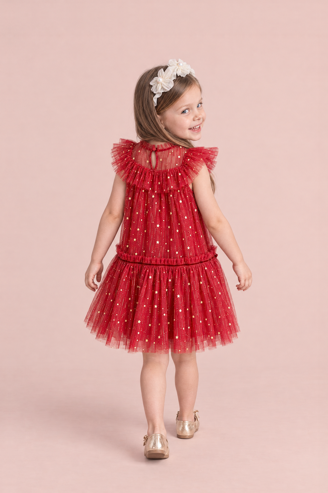 Stardust Red Star Tulle Party Dress, back view with the keyhole and button at the neck