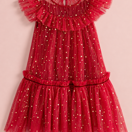 Stardust Red Star Tulle Party Dress laid flat, front view