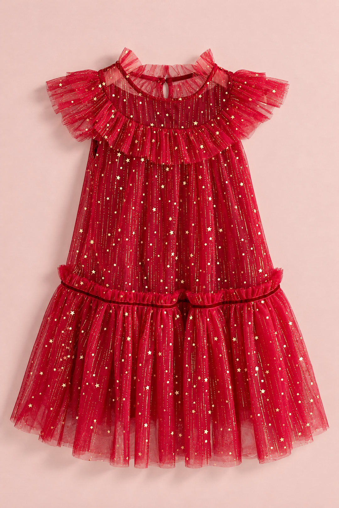 Stardust Red Star Tulle Party Dress laid flat, front view