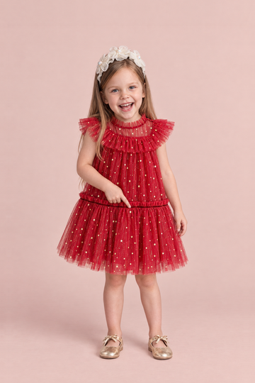 Stardust Red Star Tulle Party Dress, front: a girl pointing at a gold star on the skirt of the red tulle dress with flutter sleeves
