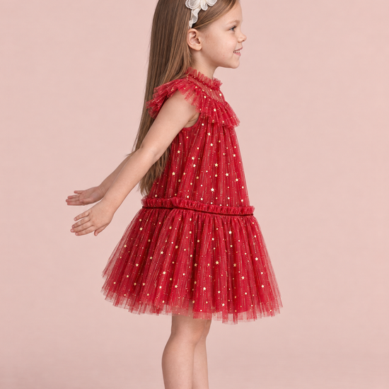 Stardust Red Star Tulle Party Dress, side view showing the A line shape, the flutter sleeve and the tulle skirt