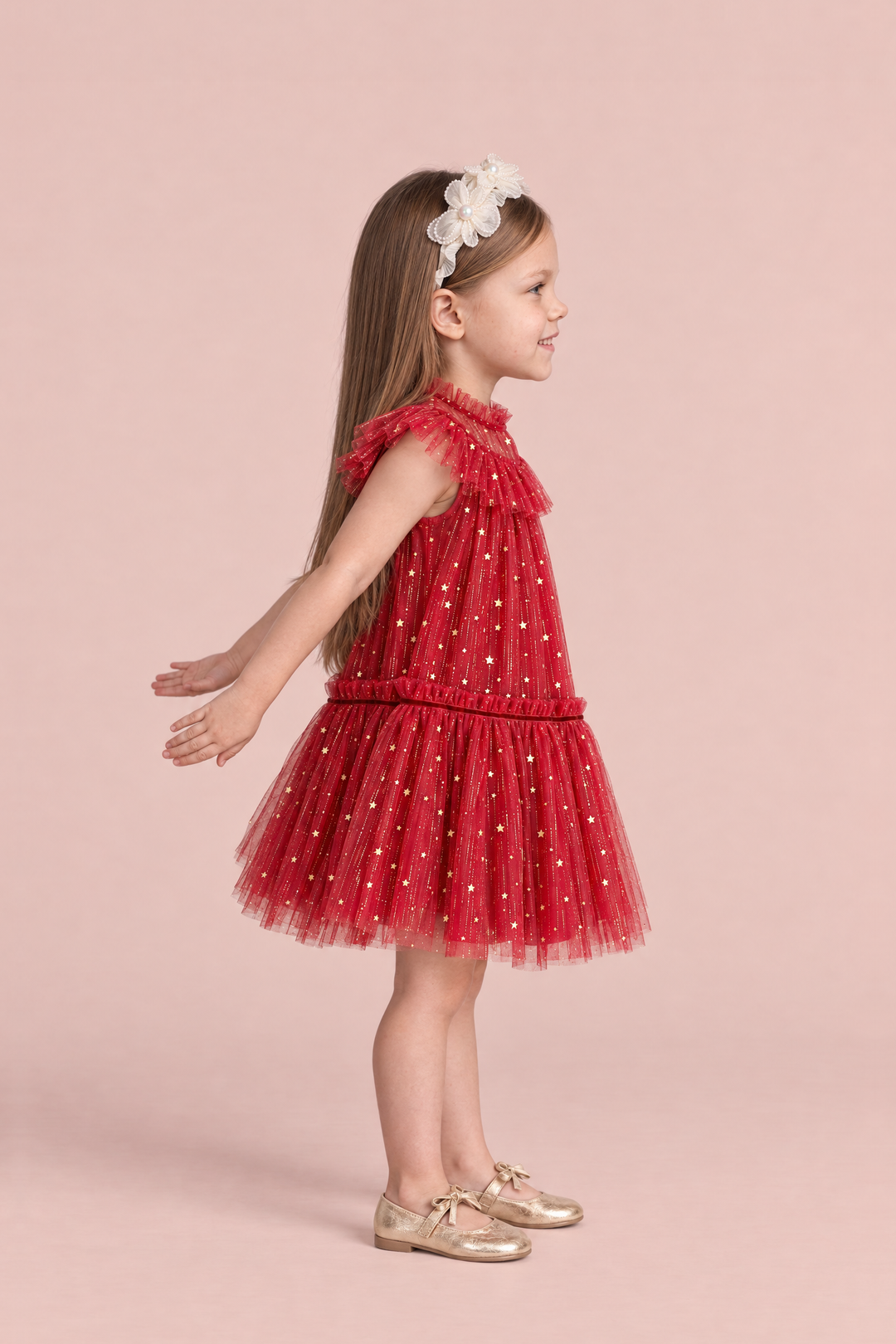 Stardust Red Star Tulle Party Dress, side view showing the A line shape, the flutter sleeve and the tulle skirt