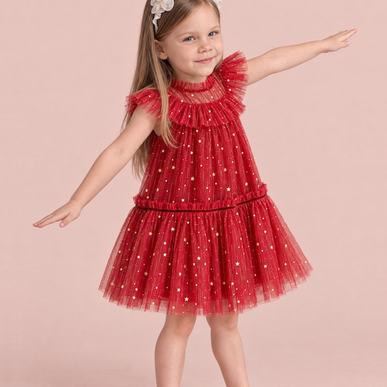 Stardust Red Star Tulle Party Dress, three quarter view with arms out, showing the ruffle collar and drop waist skirt