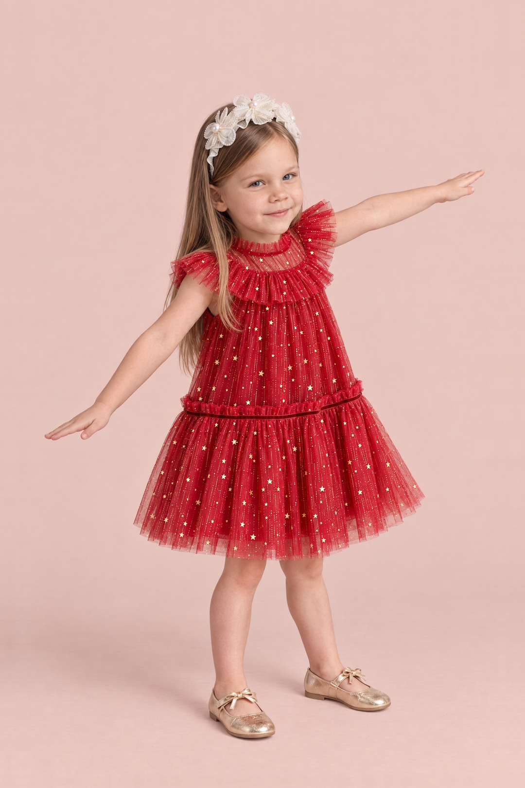 Stardust Red Star Tulle Party Dress, three quarter view with arms out, showing the ruffle collar and drop waist skirt