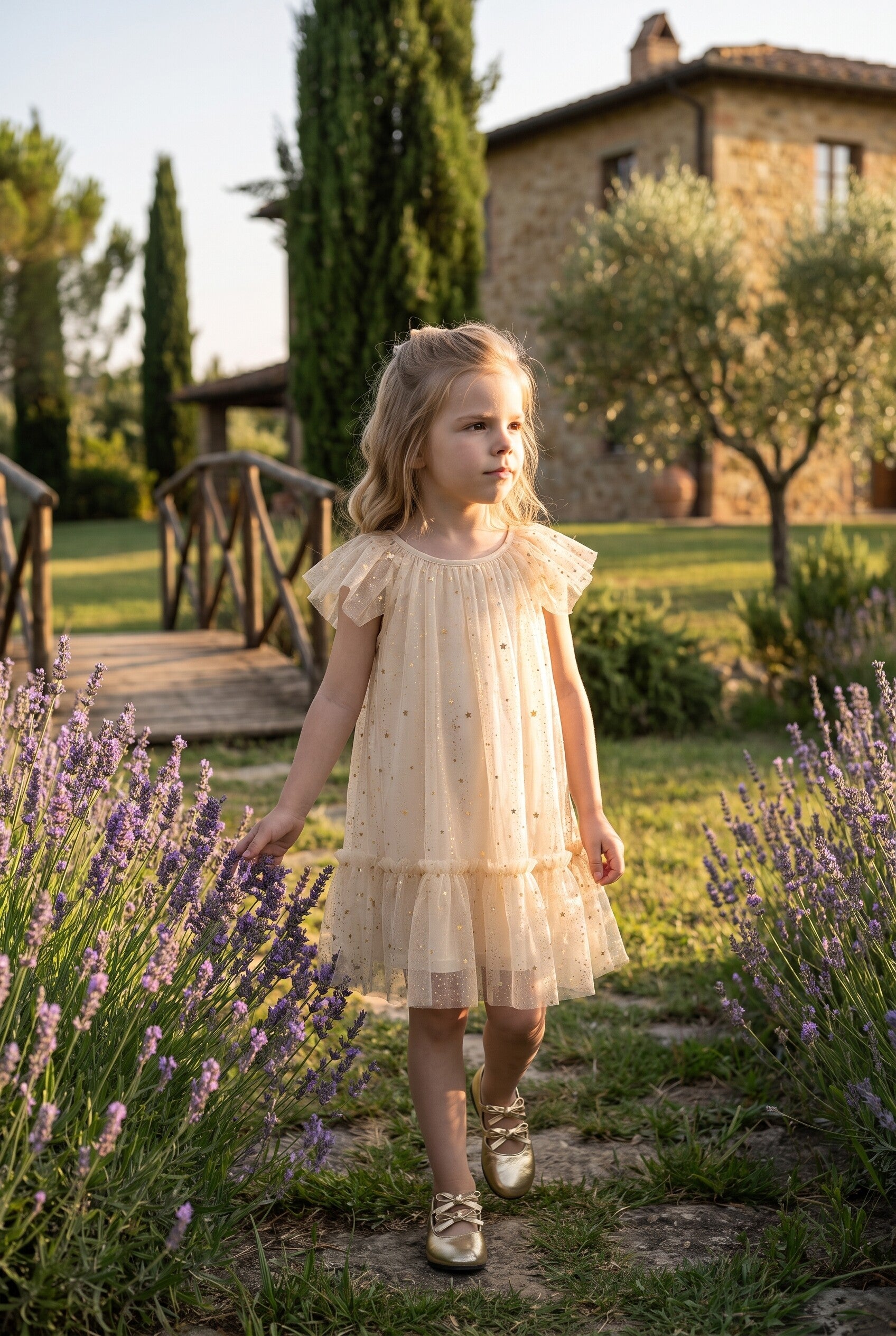 Starlight Dress in Buttercream, Italian villa garden editorial