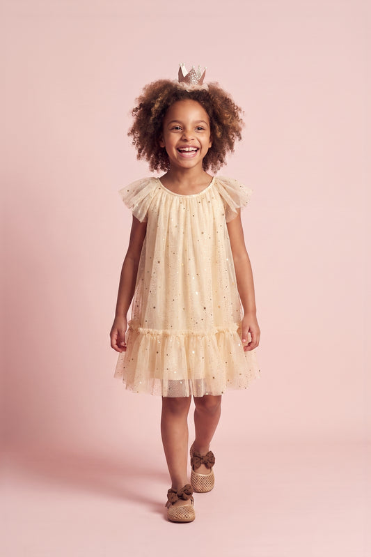 Starlight Ivory Tulle Flower Girl Dress, three quarter twirl