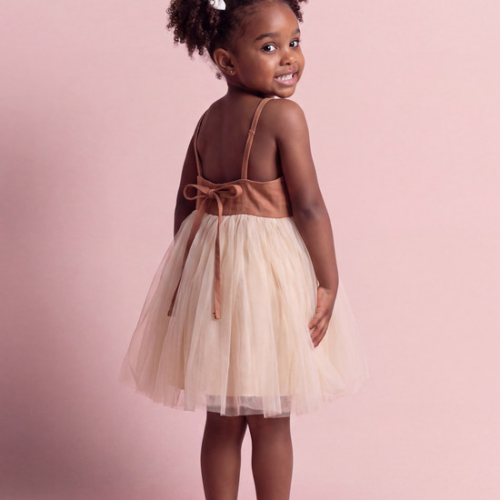 Toffee Caramel Linen Tutu Dress, open back with the linen tie bow