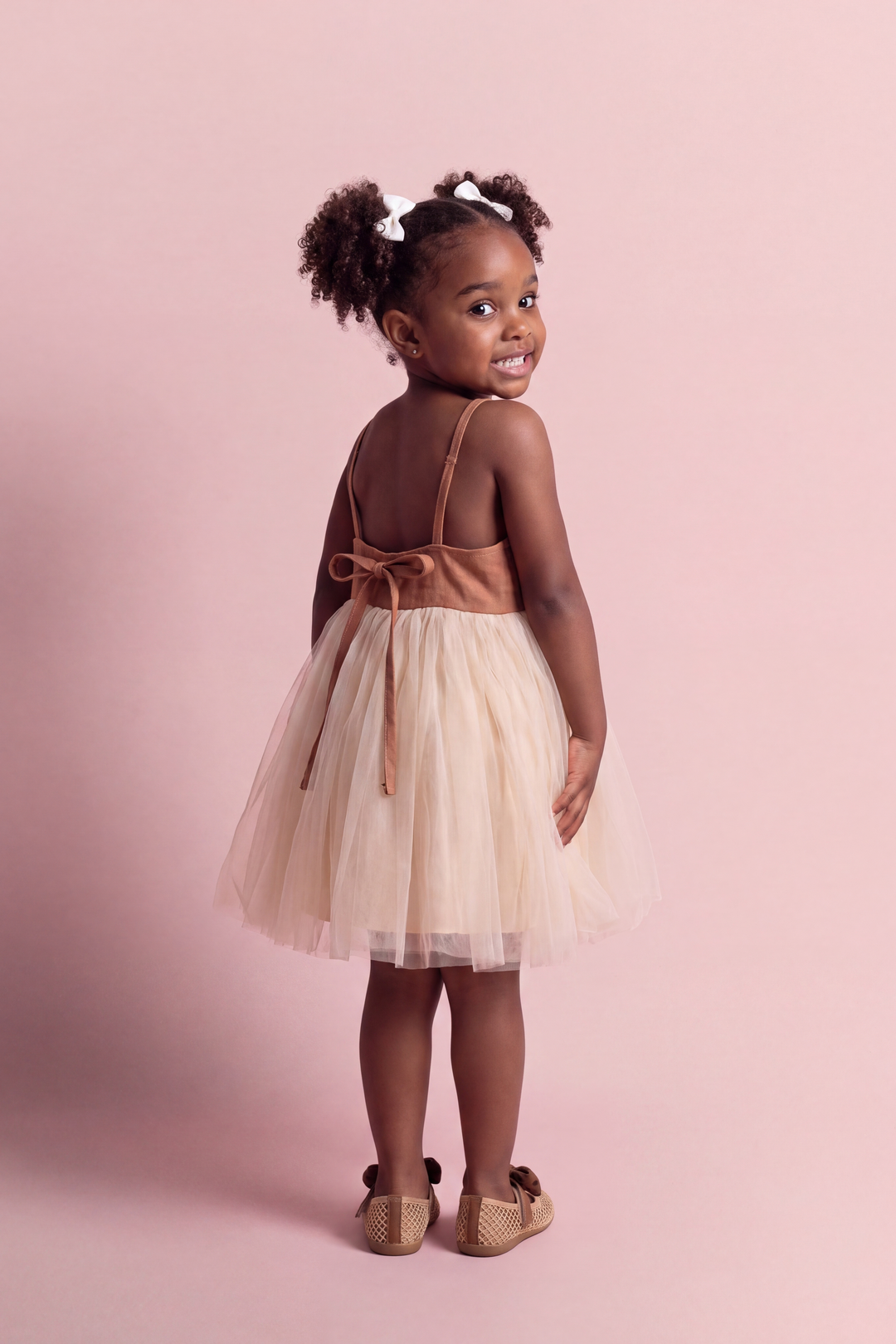 Toffee Caramel Linen Tutu Dress, open back with the linen tie bow