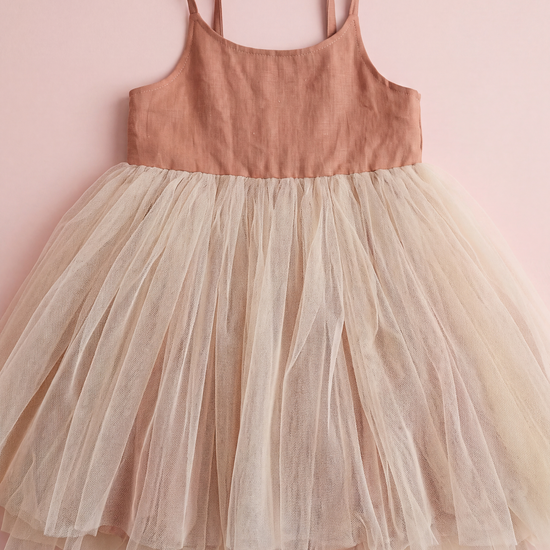Toffee Caramel Linen Tutu Dress laid flat