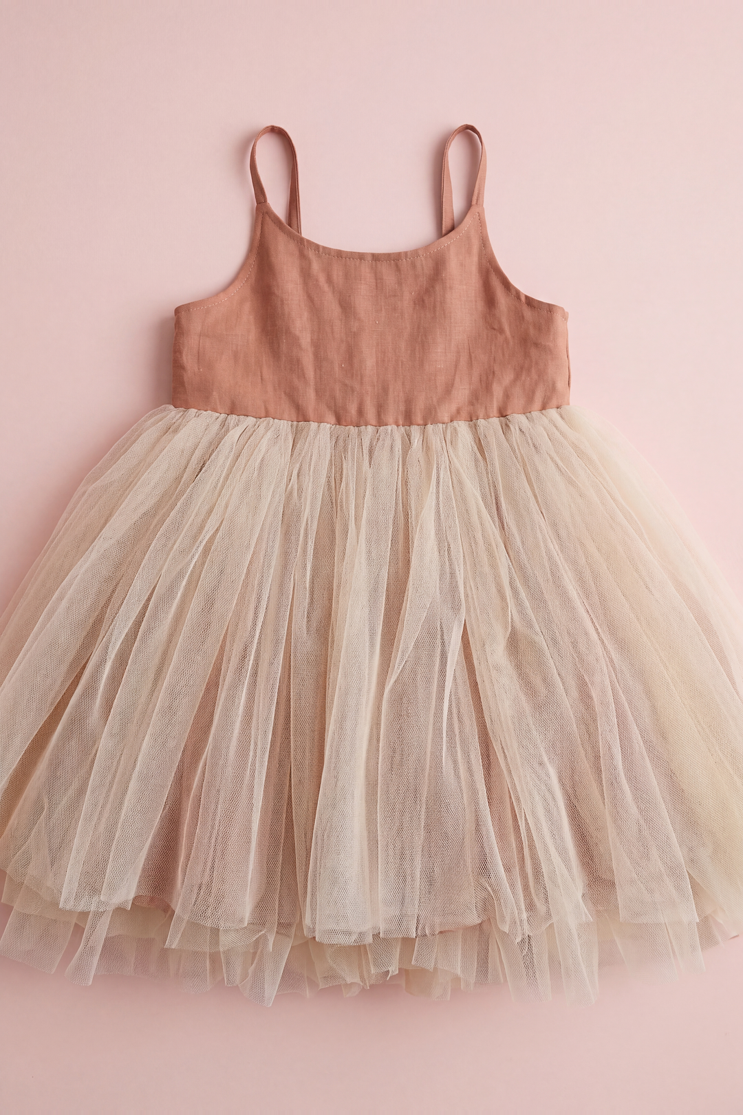 Toffee Caramel Linen Tutu Dress laid flat
