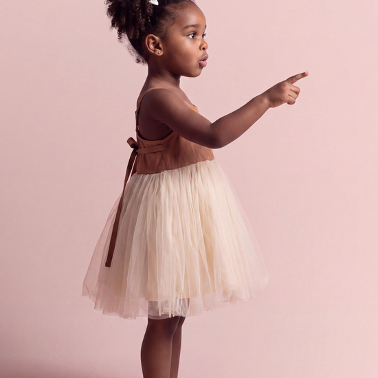 Toffee Caramel Linen Tutu Dress, side view showing the tie at the back