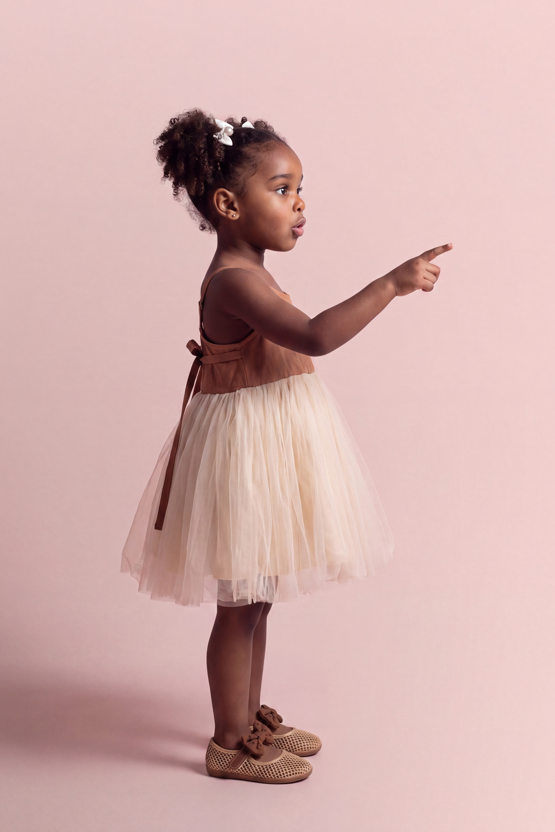 Toffee Caramel Linen Tutu Dress, side view showing the tie at the back