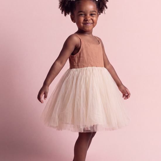 Toffee Caramel Linen Tutu Dress, three quarter view
