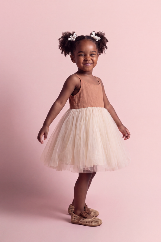 Toffee Caramel Linen Tutu Dress, three quarter view